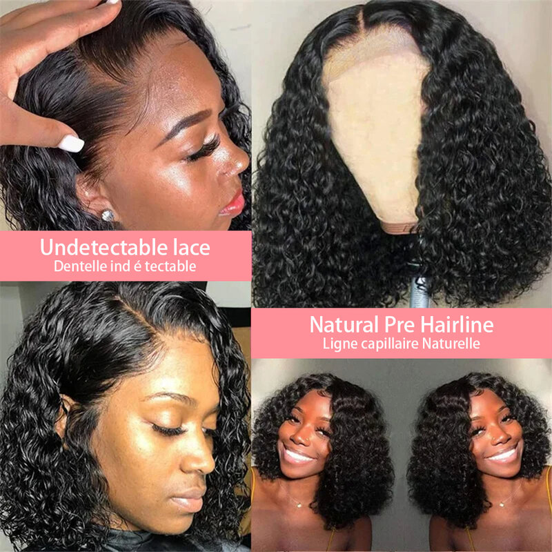13x4 Short Curly Natural Black Bob Brazilian Human Hair Lace Front Wigs 4x4 Closure Deep Water Wave Wig Remy For Women 8-16 Inch