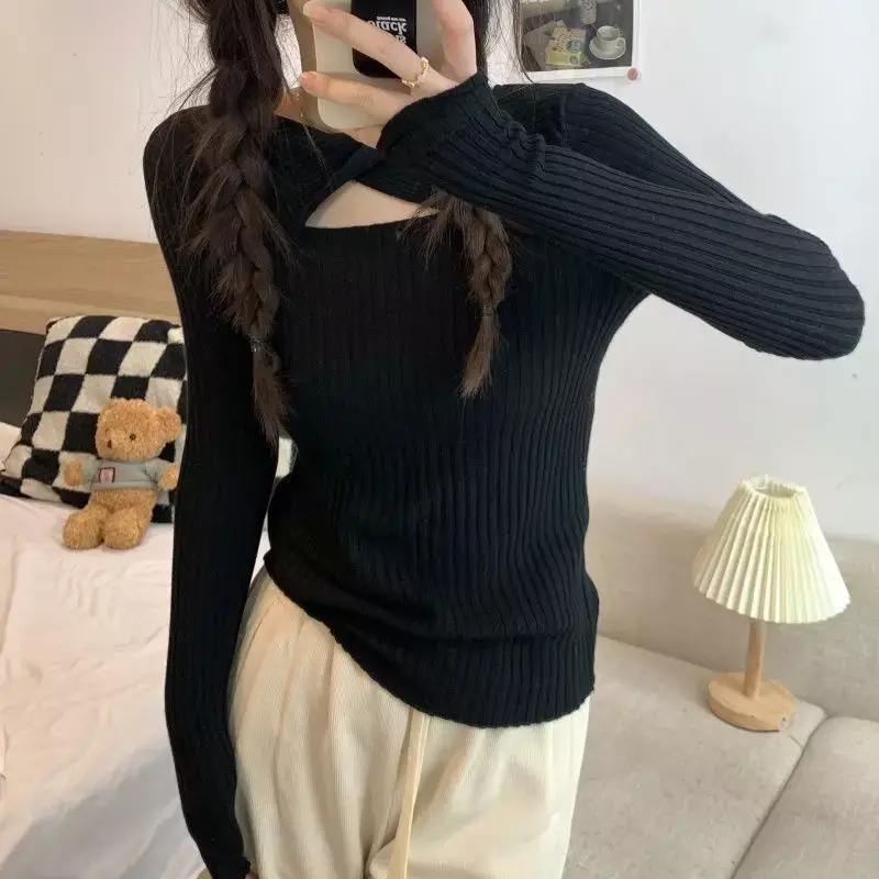 Pullover Frauen aushöhlen schlanke schicke Hotsweet Ins reine sexy Herbst Langarm sanfte Freizeit koreanischen Stil Streetwear Basic Tops