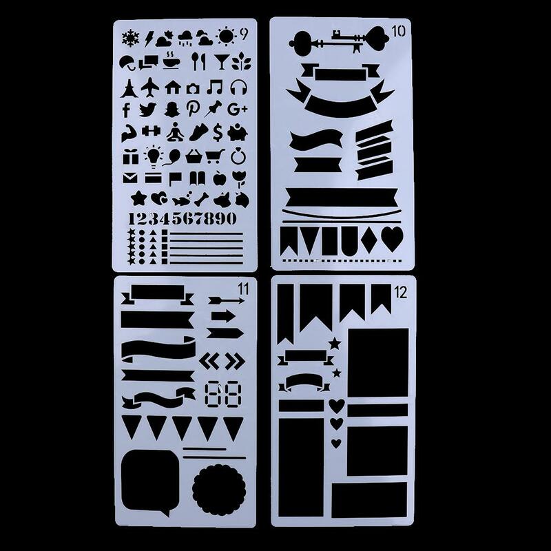 Plastic Journal Stencil Desenho Template, Régua para Planejador DIY e Diário, 12pcs