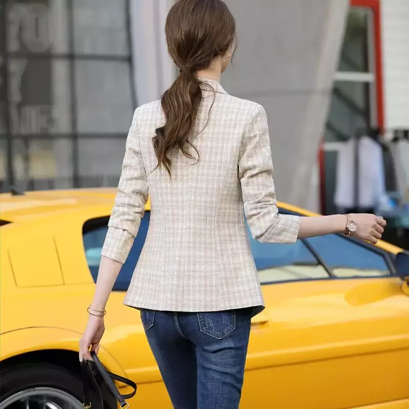 Woman Pink Apricot Plaid Blazer Fashion Casual Slim Long Sleeve Jackets Female Single Button Chic Blazers Coat S-4XL