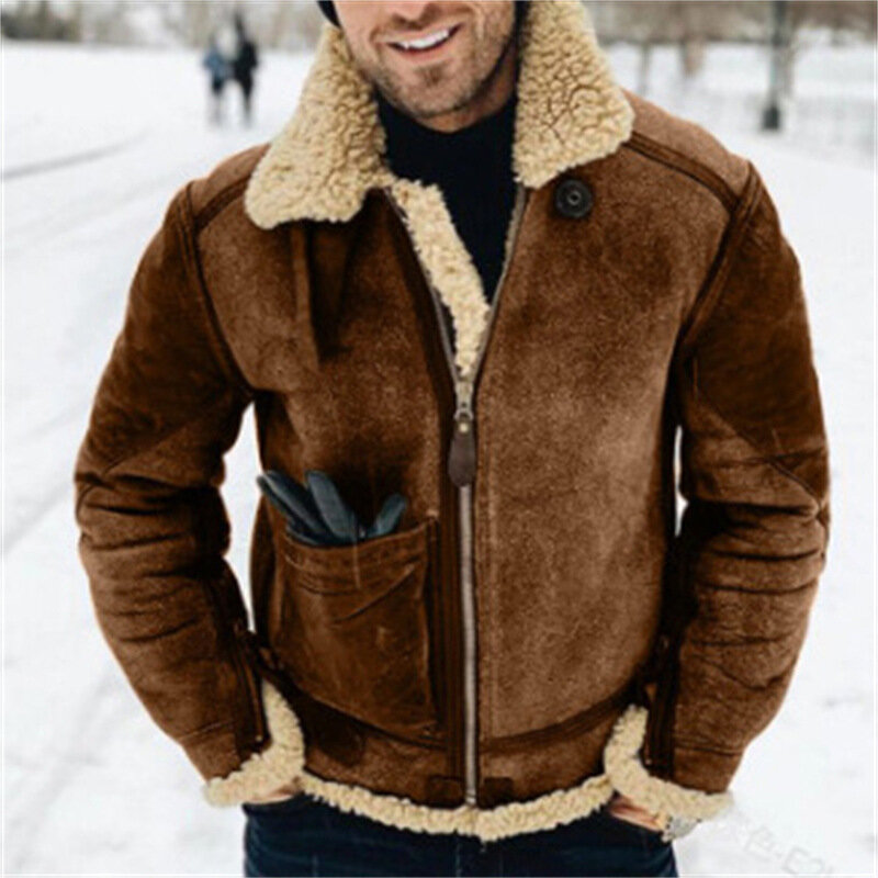 2024 Men's Imitation Fur One Piece Warm Coat Winter Thicken Soft Artificial Fur Plush Jacket Zipper Coat