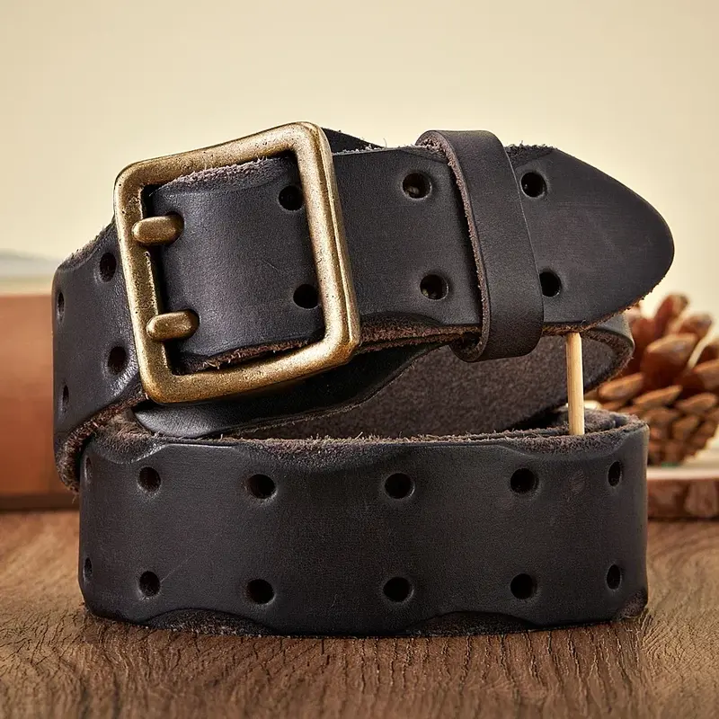 Cinturón de cuero genuino grueso para hombre, Correa ancha de cuero de vaca Real, hebilla de doble punta, Vintage, vaquero