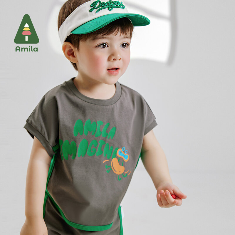 Amila 2024 소년 세트, 컬러 매칭 프린트 티셔츠 및 반바지, 통기성 및 편안한 스포츠 세트, 0-6 세, 신제품
