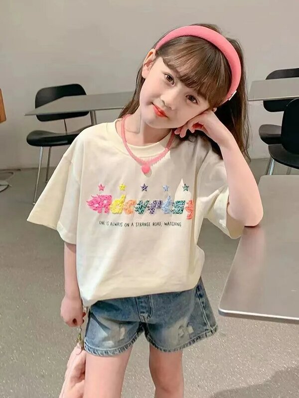 Korean Version Kids Girls New 2023 Childrens Anime Cartoon Pure Cotton Baby Girl Short Sleeved T-shirt Childrens Top