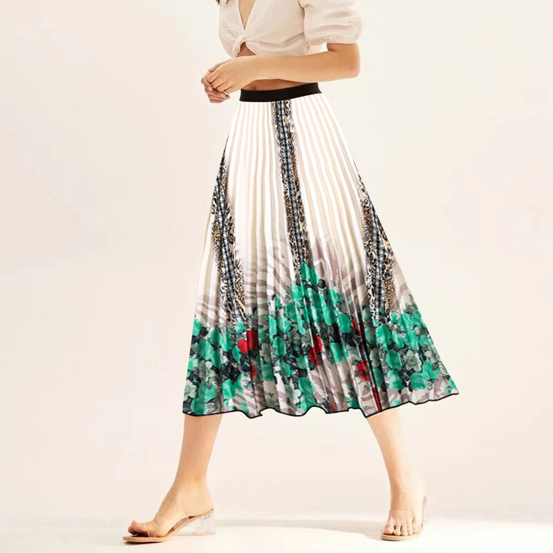 Nighpha Vintage Floral Print Pleated Skirt for Women Elastic High Waist Casual Midi Skirt Summer Clothes