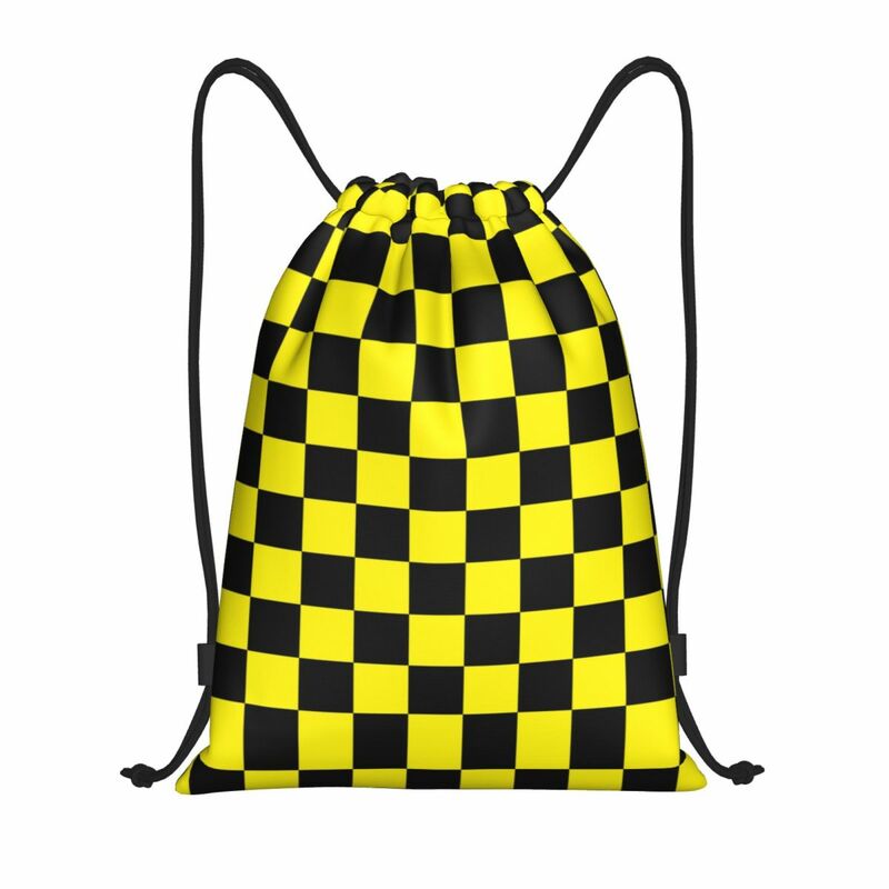 Niestandardowy żółty czarny wzór w kratkę torba ze sznurkiem kobiet mężczyzn lekki siłownia plecak do przechowywania