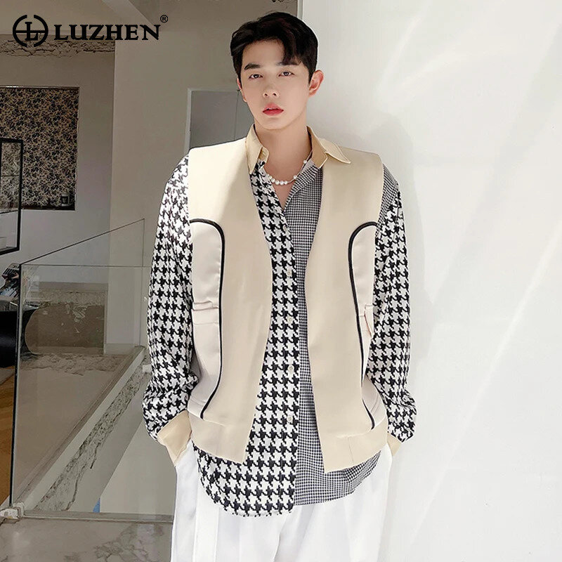 LUZHEN-Colete sem mangas com design elegante de emenda masculino, colete casual original, colete masculino na moda, moda coreana, LZ3086, 2024