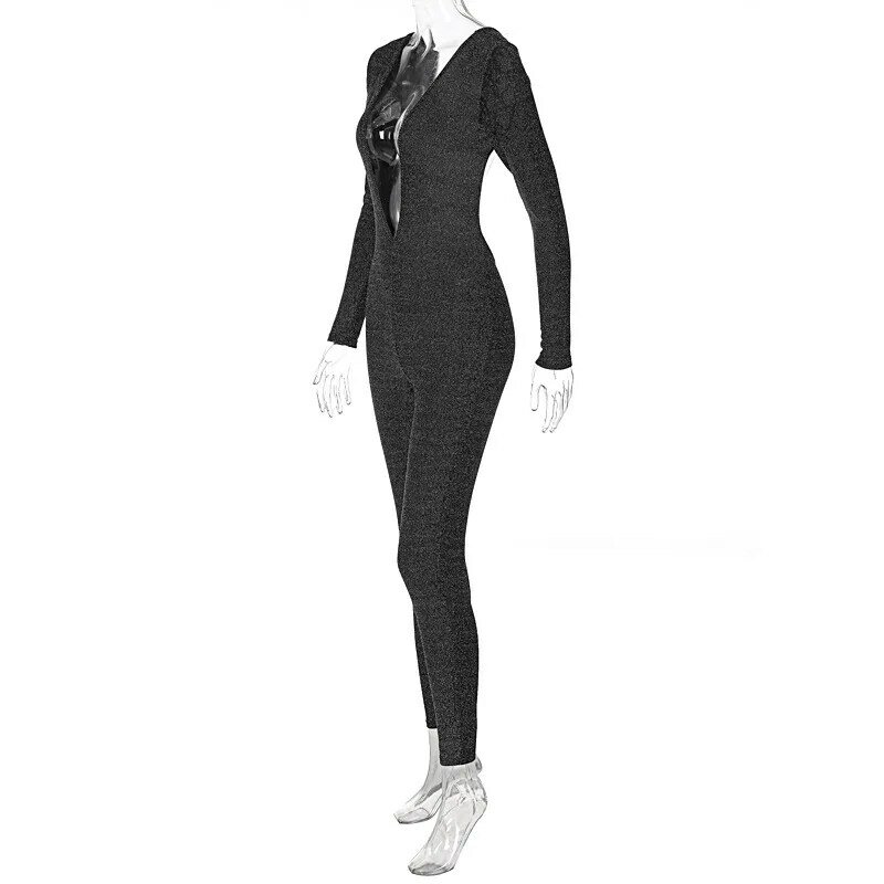 BKLD женская одежда 2024 новая весенняя мода Яркий шелковый Блестящий V-образный вырез с длинным рукавом сексуальный Облегающий комбинезон с открытой спиной Женская Клубная одежда