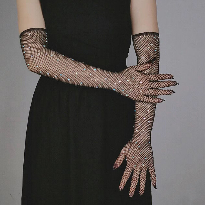 Sarung tangan jaring ikan berlian imitasi berkilau seksi wanita sarung tangan karnaval Cosplay pesta Halloween aksesori kostum tari tiang klub malam