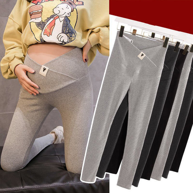로우 웨이스트 크로스 디자인 임산부 레깅스, 단색 스키니 팬츠, 임산부 의류, 가을 임신 바지