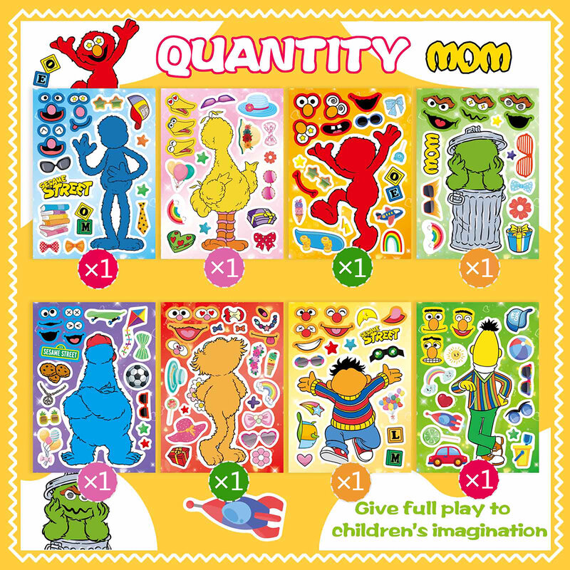 8/16 fogli Sesame Street Puzzle Stickers Make a Face assemblare Jigsaw fai da te Cartoon Kids Education Toy Reward Party Decoration Gift