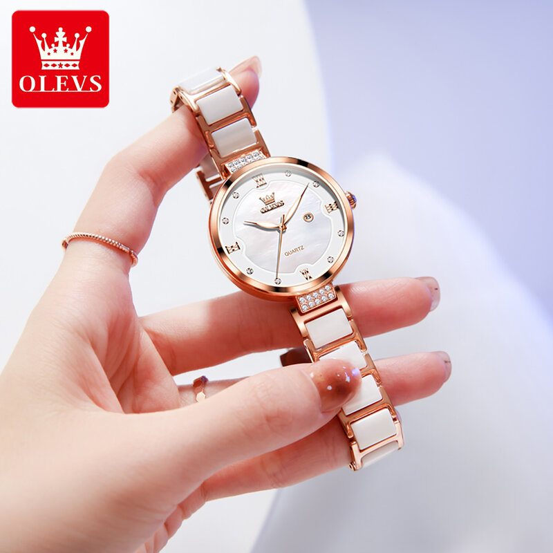 OLEVS-relojes de cuarzo de cerámica para mujer, reloj de pulsera femenino de marca superior de lujo, resistente al agua, con calendario, a la moda