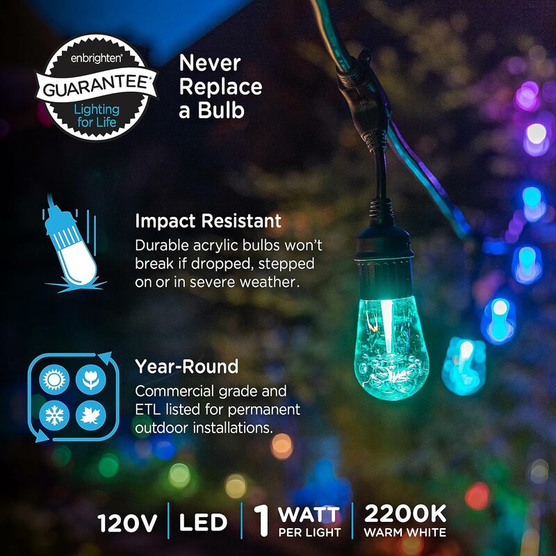Enbrighten Premium  Color Changing String Lights, 48ft Black Cord, 24 Shatterproof Acrylic Bulbs,Weatherproof, Customizable