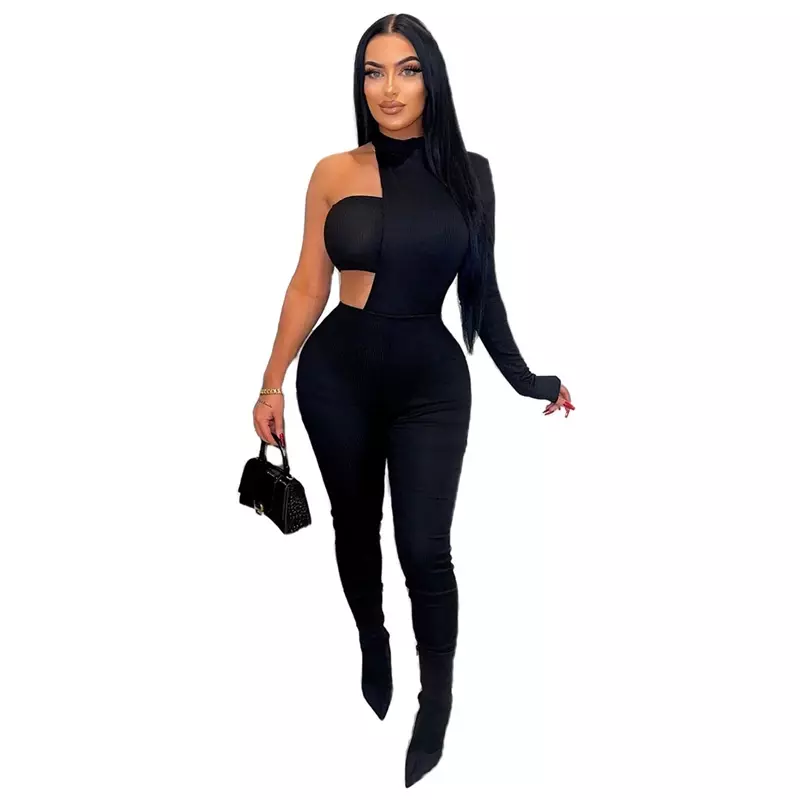 Solid Women Jumpsuits with Tube Top Sexy Cut Out Turtleneck One Shoulder Long Sleeve Skinny Overalls Spring Summer Rompers
