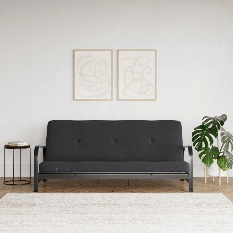 Caddie-colchón de futón de 6 pulgadas con funda acolchada y relleno de poliéster reciclado, futón de lino negro completo, muebles de sala de estar