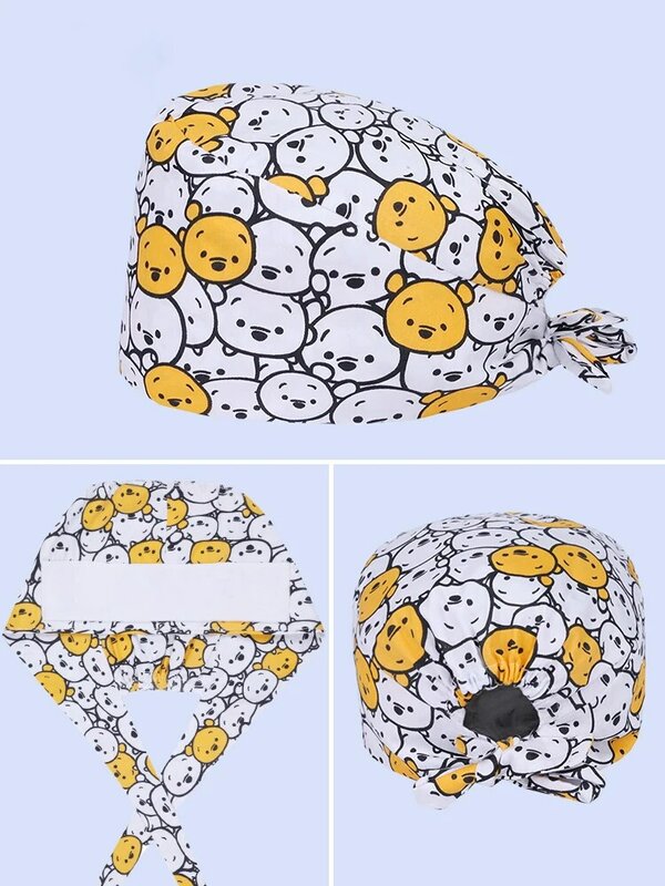 Topi bedah beruang cetak bedah medis topi gosok perawat topi bedah 100% katun tali Tieback rumah sakit dokter hewan Skullcap
