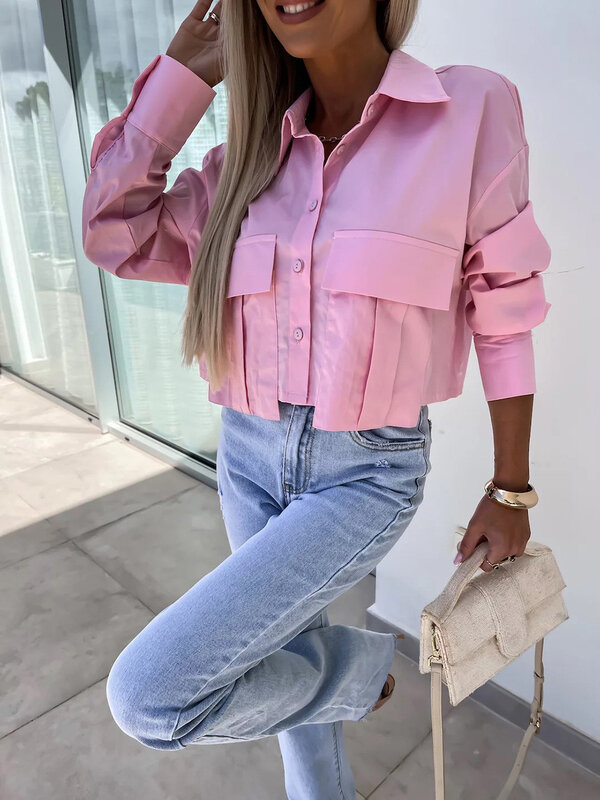 Fashion Pocket Patchwork Short Shirt Women Spring Autumn New Lapel Single Breasted Long Sleeve Casual Shirts Solid Sweet Tops