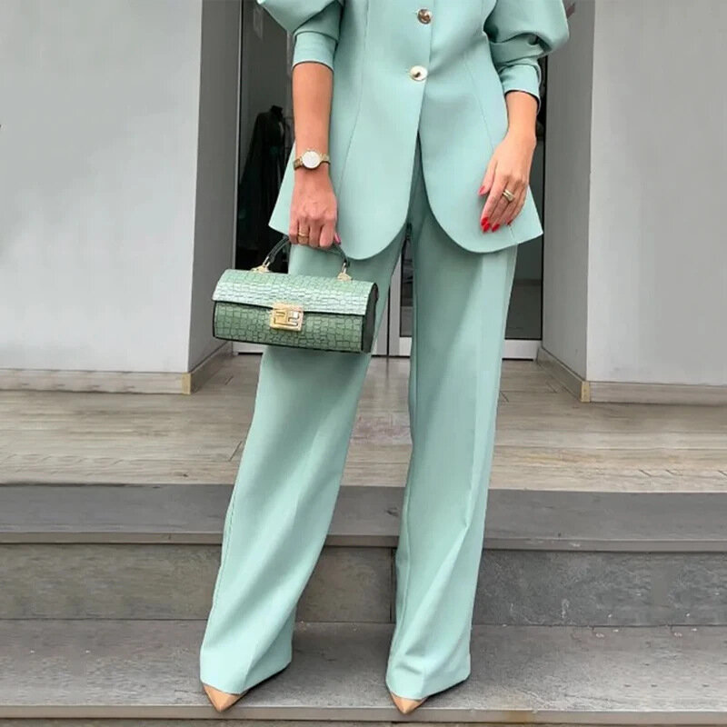 Элегантный комплект из брюк, женская зеленая рубашка, топ, прямые брюки, комплект из двух предметов, рубашка, Рабочий костюм из двух предметов Y2k