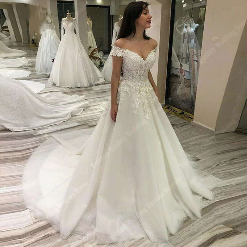 Księżniczka z kości słoniowej kobiety suknia ślubna 2024 luksus z ramienia biała brokatowa suknie balowe ślubna koronka kwiat Vestidos De Noivas