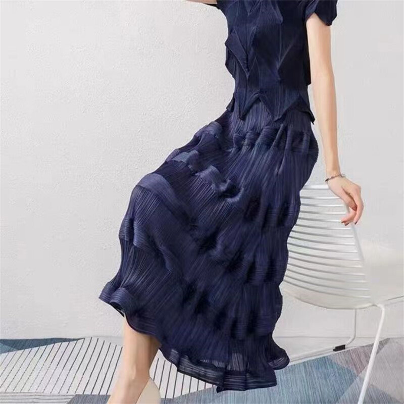 Miyake Pleated A-line Mid-calf Cake Skirt Solid Color Loose Waist For Women Summer Female Fashion High end pleated Skirt