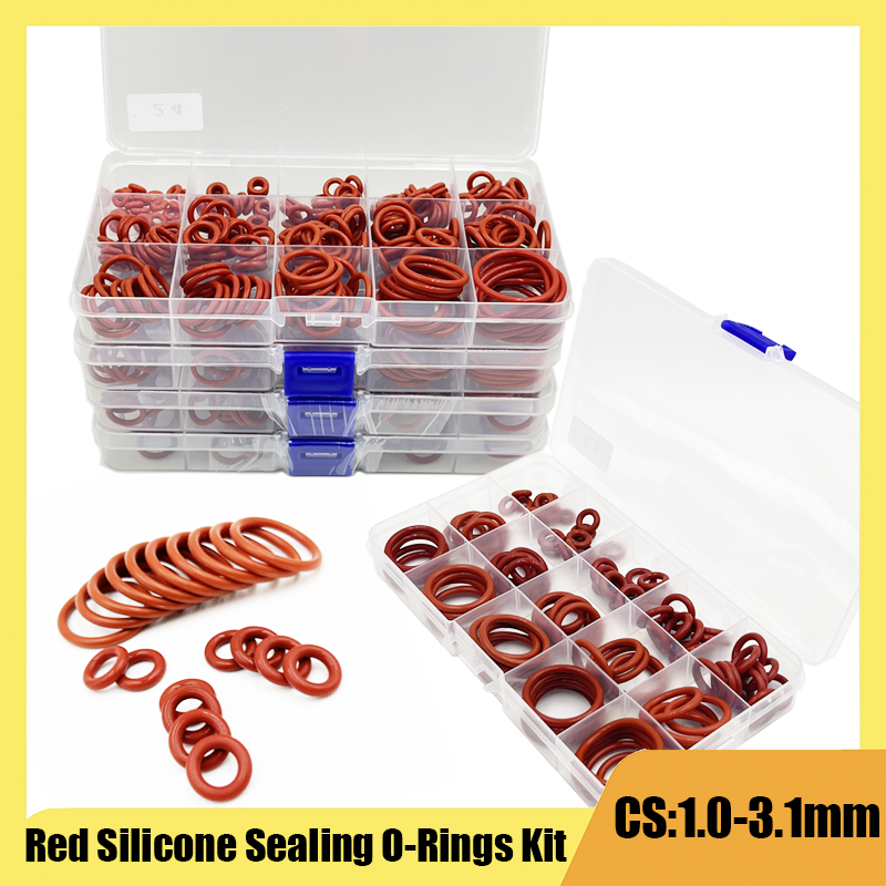 Vermelho Silicone Silicone O-Rings Variedade Kit, VMQ Vedação, Conjunto De Borracha De Lavadora, 250-100Pcs