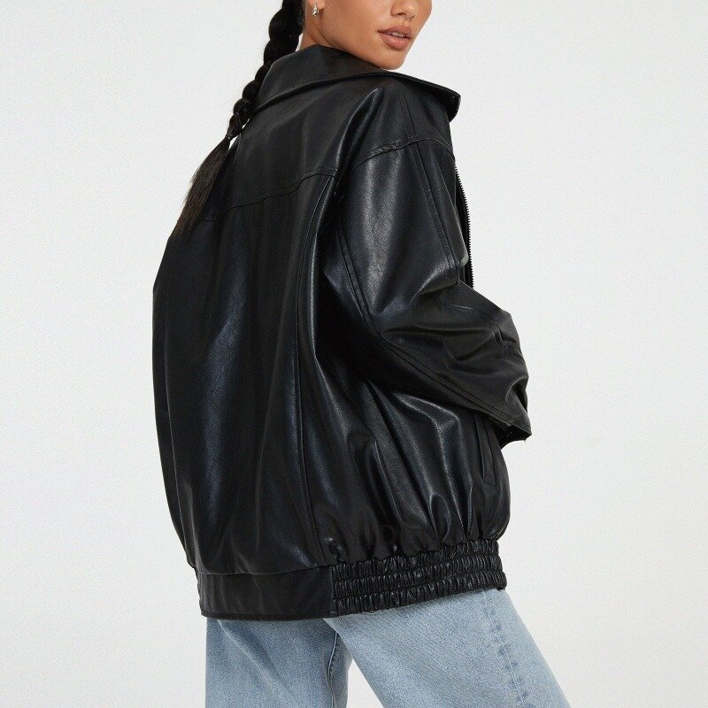 Fall 2024 Women's Lapel Leather Coat Women's PU Leather Jacket Locomotive Style Hot Top