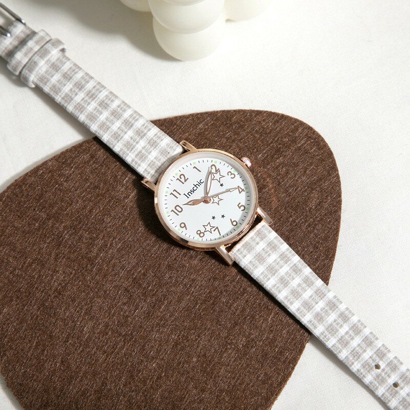 New launch fashion women's watch check leather strap star girls gift watch