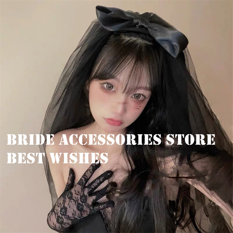 Kerudung busur hitam antik jaring ulang tahun kerudung Goth gaun pernikahan hiasan kepala lolita wanita pengambilan foto Halloween