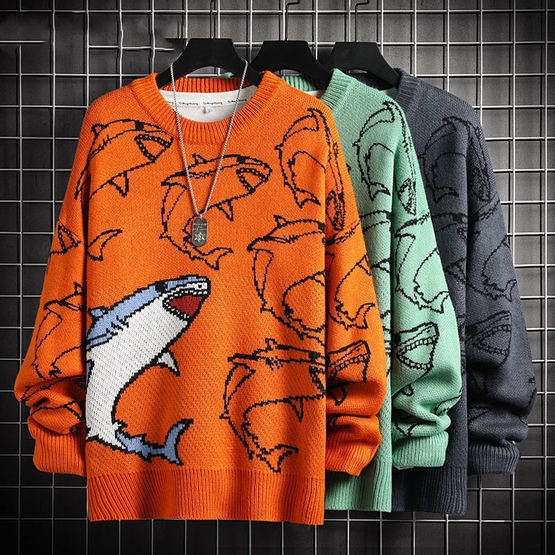 Пуловер мужской женский зимний теплый вязаный пуловер с круглым вырезом аниме майка в стиле Харадзюку 2023 эстетичный дизайн Y2k одежда акула