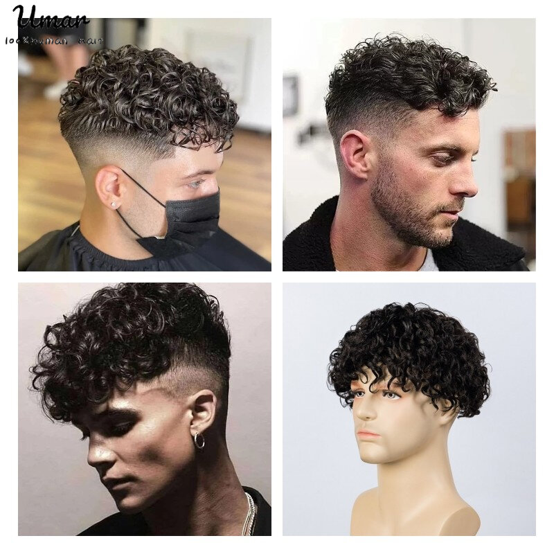 20mm v-loop pele fina sistema de cabelo encaracolado unidade profunda peruca encaracolado para homem preto masculino perucas de prótese de cabelo para homem