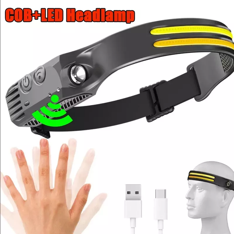 Indução COB LED Headlamp, USB Recarregável, 18650 Bateria, Farol Tocha, 8 Modos de Iluminação, Lanterna de Trabalho ao ar livre, Novo