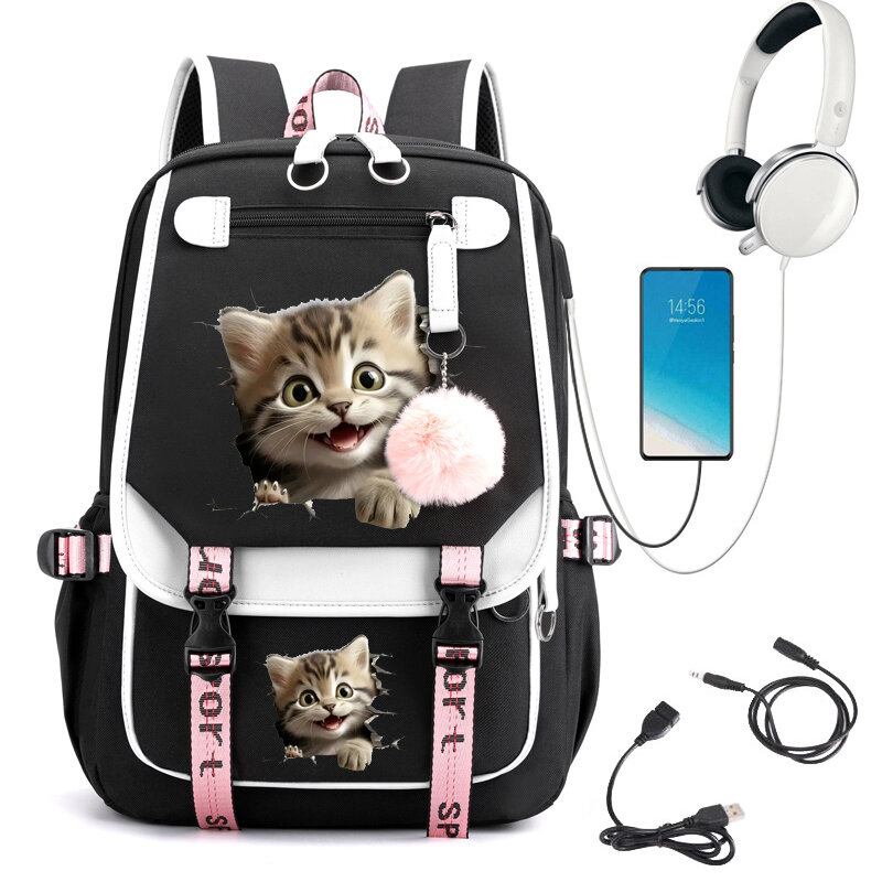 Sac à dos d'école imprimé chat, sac d'école de dessin animé mignon pour étudiants, sac à dos pour adolescents, cartable USB, ordinateur portable Anime, sacs à dos pour adolescents
