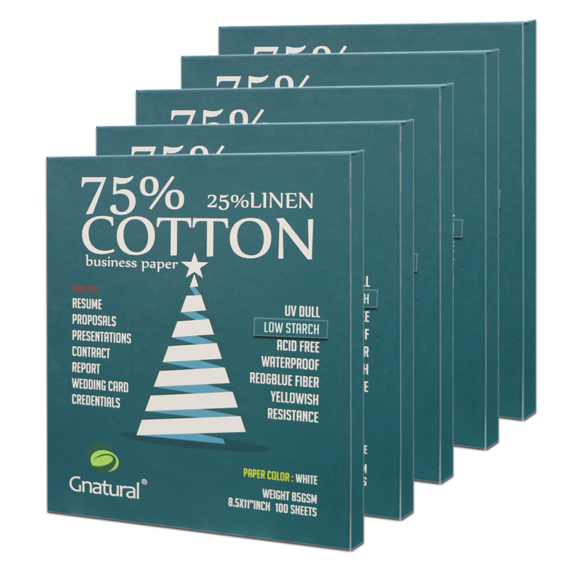Papel de lino 75% 25% algodón, tamaño Lette, color blanco con fibra roja y azul, impermeable, 500 hojas, 85gsm, MCYT006