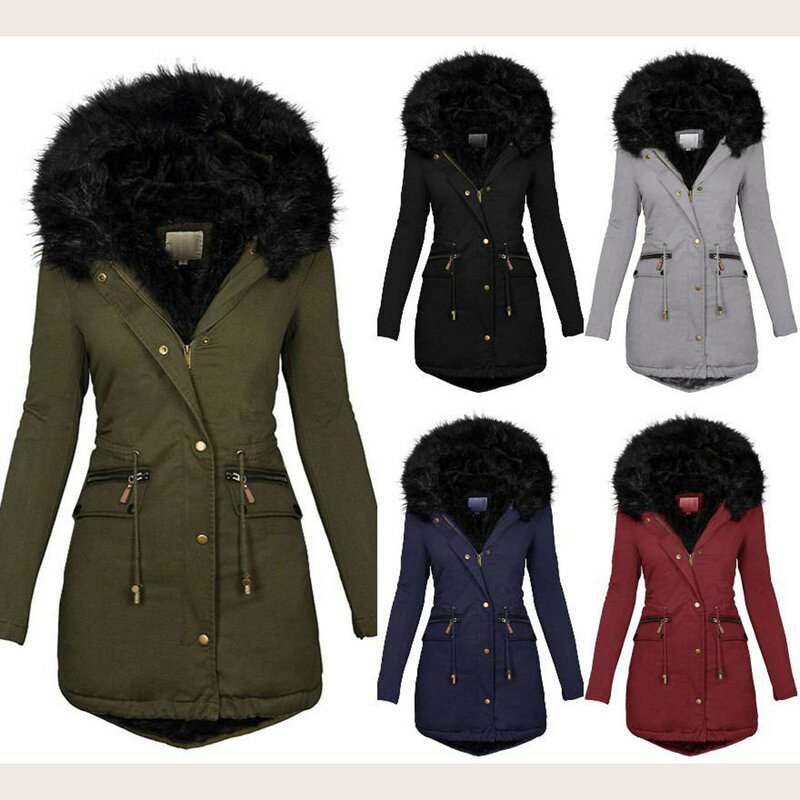 Jaket musim dingin bertudung untuk wanita, mantel hangat Parka lengan panjang bulu palsu bertudung, mantel panjang setengah tebal, pakaian luar salju