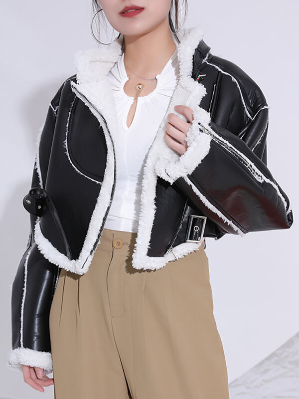 2023 New Autumn And Winter Turn-down Collar Full Sleeves PU Leather Flocking Waist Jacket Female Coat Tide Warm  C353