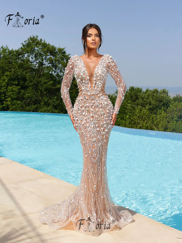 Newest Luxury pearls Crystal Formal Evening Dress Dubai V Neck Long Sleeves Mermaid Wedding Party Gowns Couture Prom Dress 2024