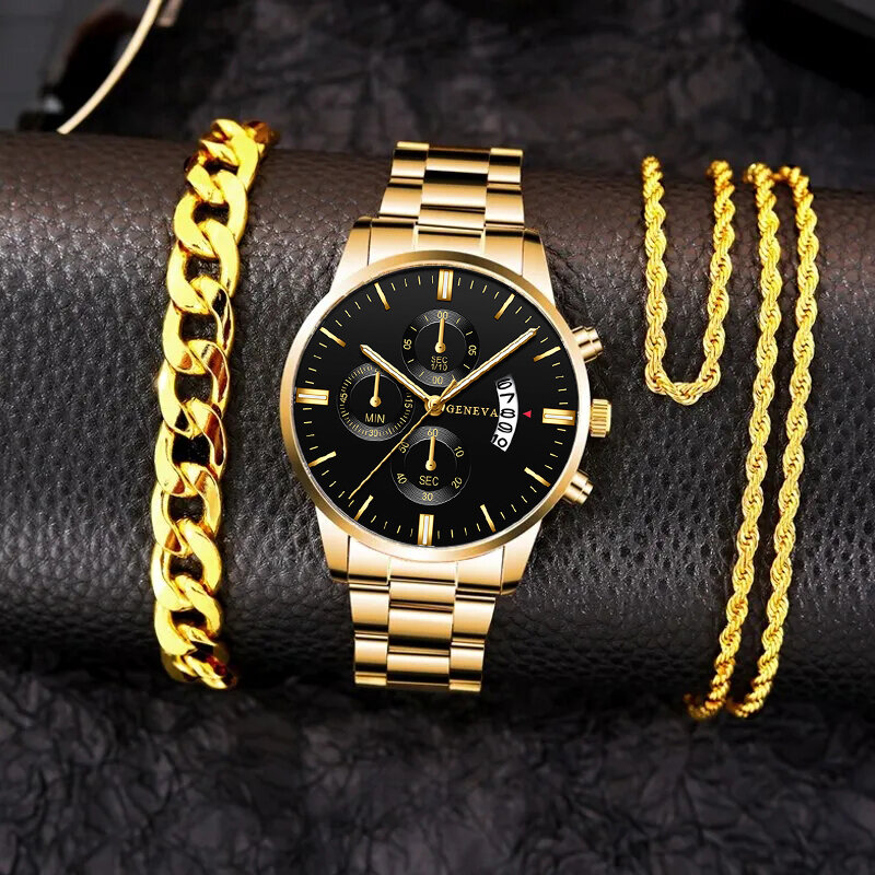Jam tangan bisnis pria, 3 buah Set Fashion kasual kalung gelang emas baja tahan karat kuarsa