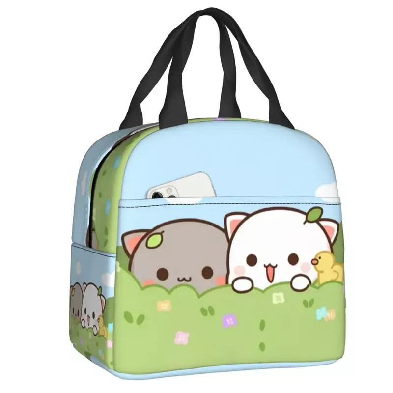 Peach e Goma Insulated Lunch Bags, Cartoon Mochi Cat, Leakproof, Cooler, Thermal Lunch Box, Adequado para Piquenique na Escola de Trabalho, Mulheres, Crianças