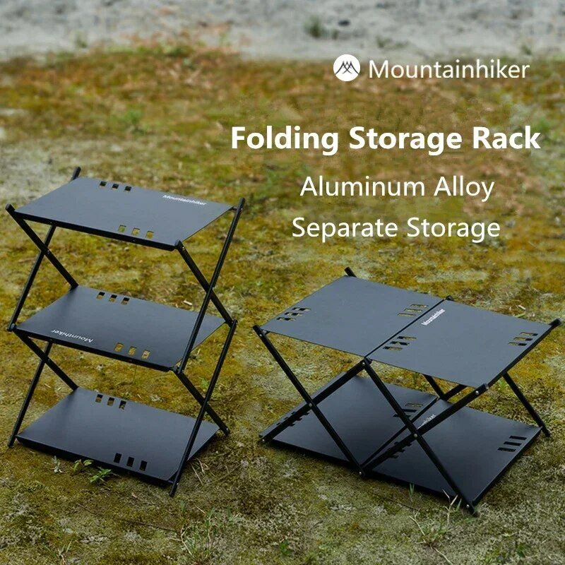 MOUNTAINHIKER-Prateleira de acampamento ao ar livre de alumínio, portátil dobrável BBQ Storage Rack, mesa, 3 camadas, 3 painéis, 2 camadas, 4 painéis
