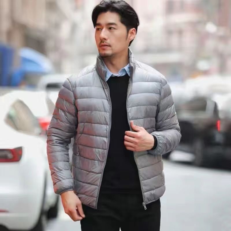 Jaqueta leve com capuz masculina, quente, à prova de frio, tamanho grande, gola alta, casaco casual, top monocromático, moda masculina, inverno