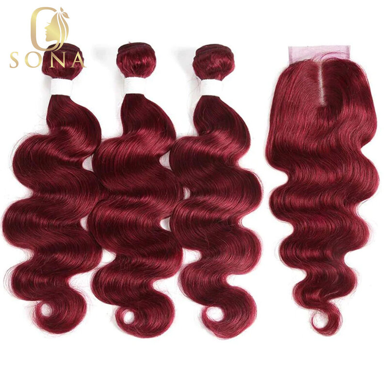 Extensiones de cabello humano con cierre, mechones de pelo ondulado Frontal, 99j Color rojo borgoña, 13x4, 3/4 piezas