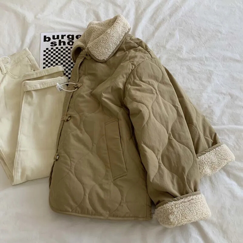 카키 컬러 양면 양털 캐시미어 면 재킷, 작은 키, 루즈한 인기 스타일, 가을 겨울, 2024 신상