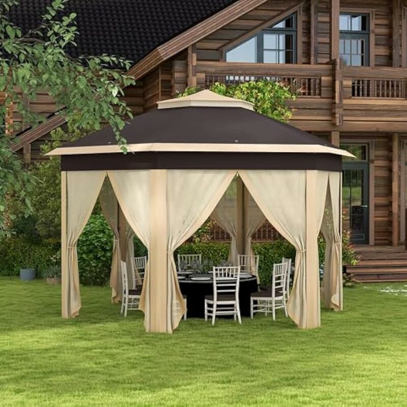 Pop Up Gazebo, Hexagonal Canopy Shelter with Zippered Mesh Netting, Event Tent with Strong Steel Frame for Garden Wedding Party