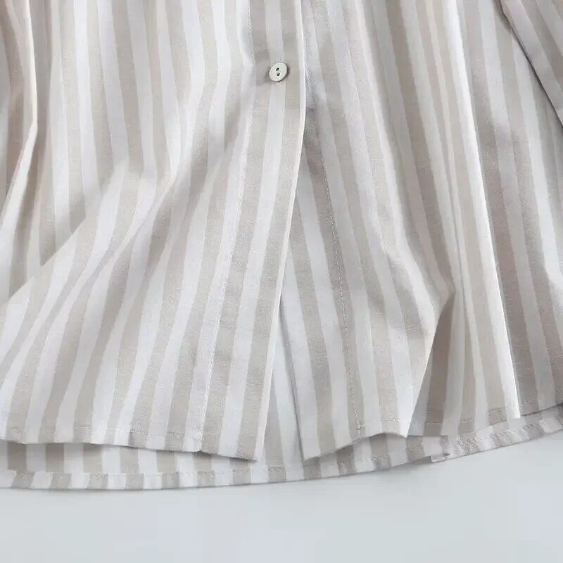 Blusas decorativas com listras retrô para mulheres, botão de manga comprida, tops chiques, duas cores, casual e solta, nova moda, 2023