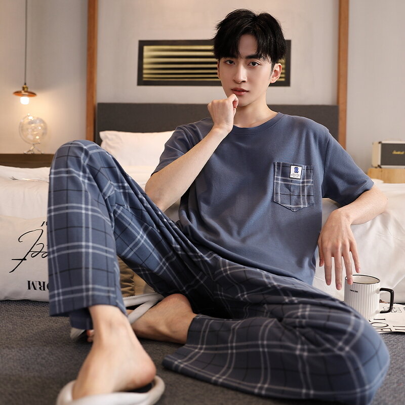 Pijama xadrez de manga curta masculino, lounge de algodão, roupa de casa, roupa de dormir, calças compridas, jardas grandes, verão