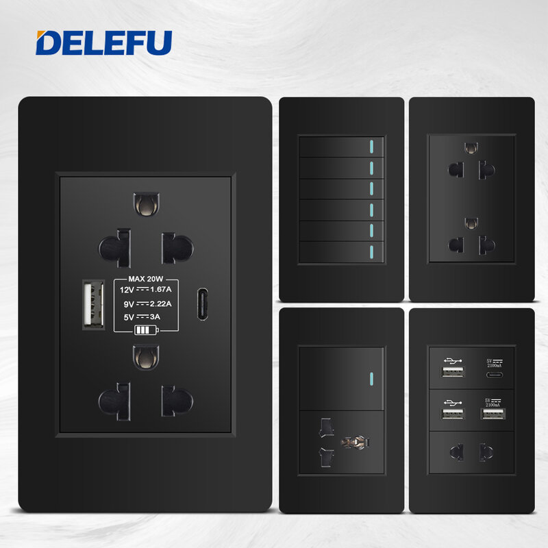 Delefu/tajlandia/standard ue 118x7 gniazdo ścienne 4mm, czarny PC panel gniazdo ładowania USB C, 15A włącznik światła ściennego, 5