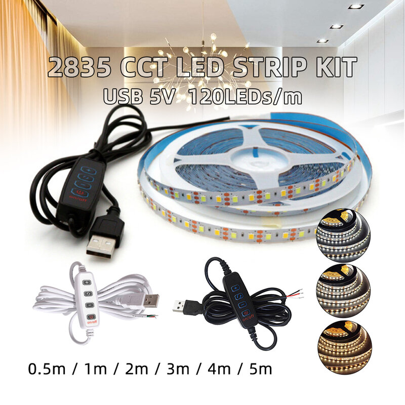 듀얼 컬러 LED 스트립 라이트 키트, CCT 플렉시블 테이프 바 램프, 4 키 2M 조광기 컨트롤러, 0.5-5M USB, 5V, 120 LEDs/M, 3000K, 4000K, 6000K