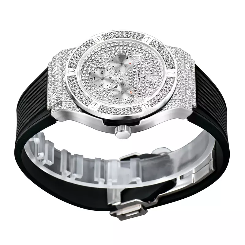 Bezpłatne Dropshipping męskie zegarki Top marka luksusowe diament moda kwarcowy zegarek mężczyźni wodoodporna czarna guma sportowy zegarek XFCS