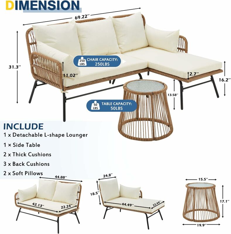L-образный секционный диван для разговора в комплекте с искусственным и закаленным стеклом, кофейный столик для заднего двора, балкона, сада, крыльца
