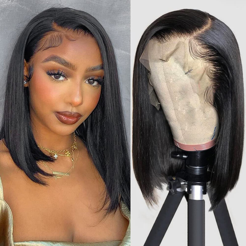 QUANDE 13x4 Straight Bob Wigs Human Hair Lace Frontal Wig 180% Density Natural Color Remy Brazilian Wigs On Sale 10-14 Inch